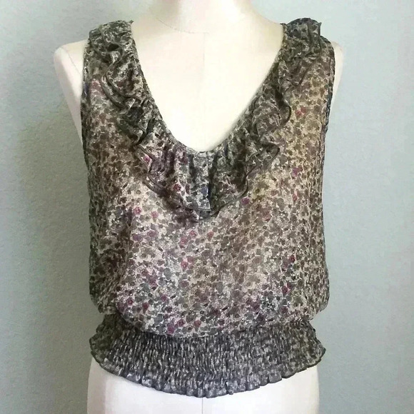American Rag Tops - American Rag Sheer Ruffled V Neck Floral Tank Top